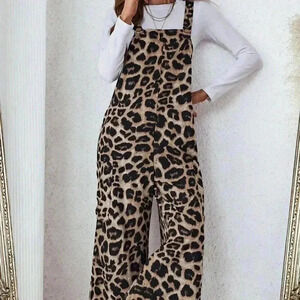 Khaki Casual Women's Leopard Print Pocket Loose Jumpsuit